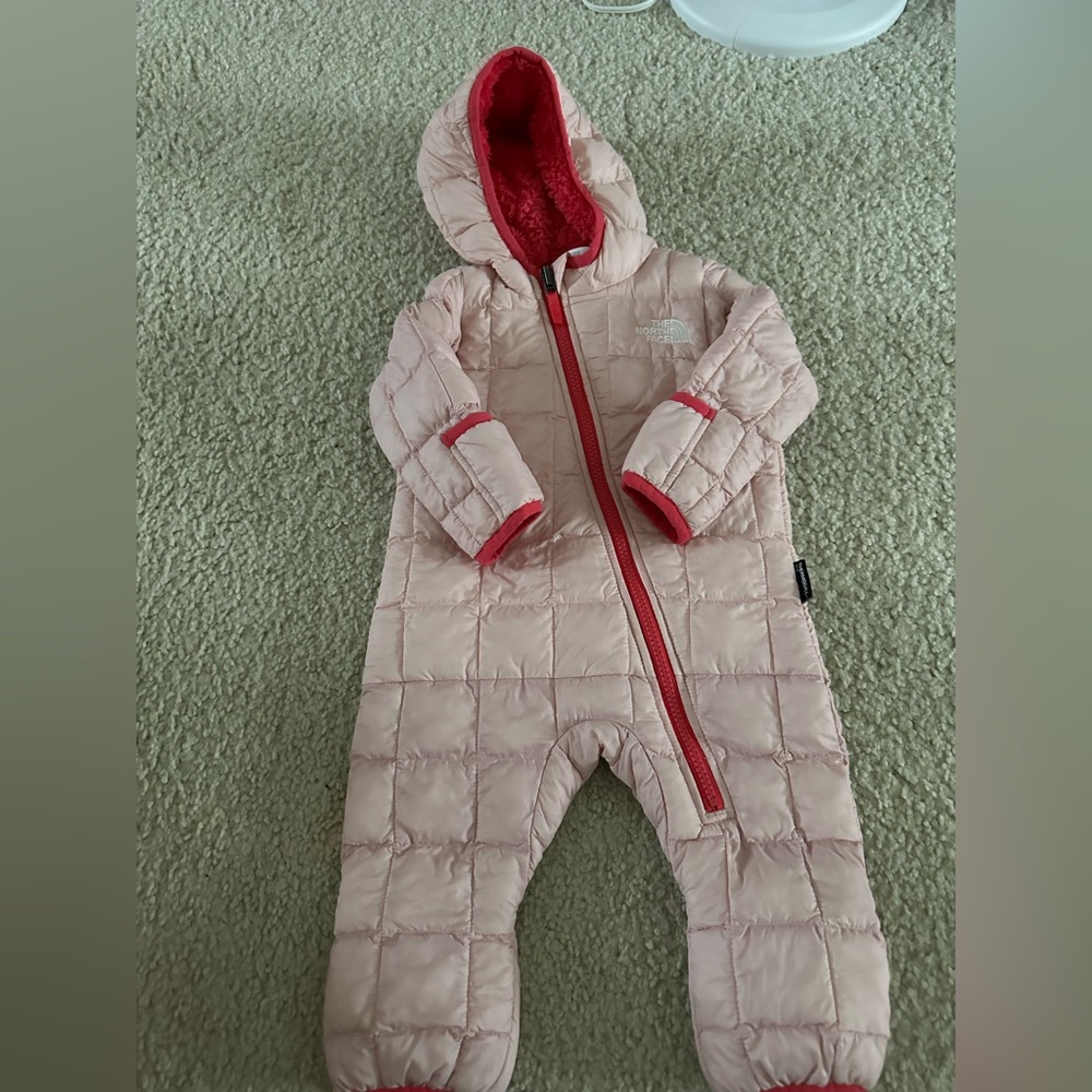 The North Face Pink Quilted Baby Snowsuit with Coral Interior